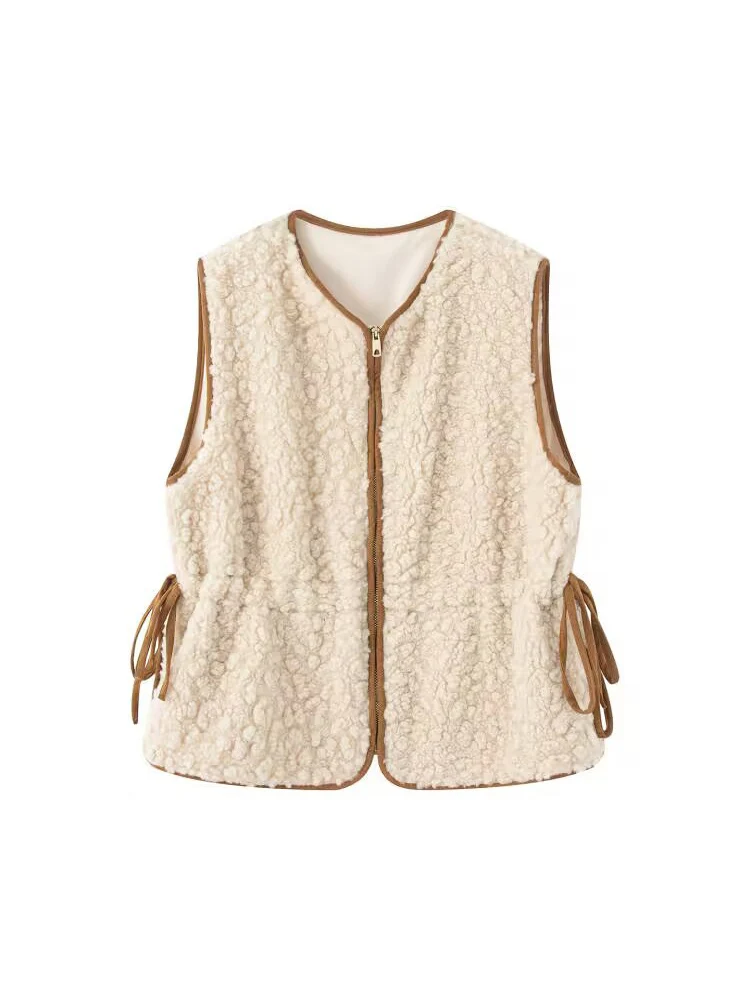 

Новый женский модный универсальный элегантный жилет в европейском стиле с круглым вырезом на молнии и регулируемой талией из овечьей шерсти