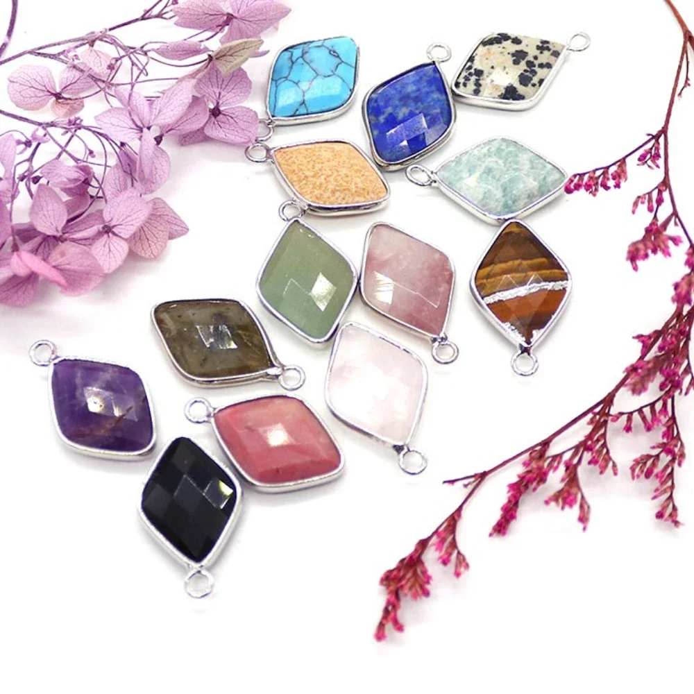 Natural Amethyst Amazonite Polished Rhombus-shaped Silver-plated Bezel-set Faceted Agate Single-hole Pendant Jewelry Materials