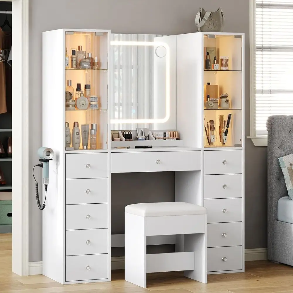 

Yanosaku Vanity Desk with Mirror and Lights, Glass Top Vanity with 11 Ders & 2 RGB Glass Cabinet, Makeup Vanity Desk with Power