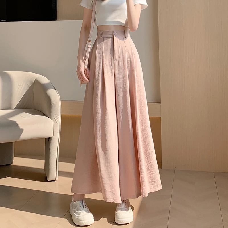 

Pink Fashion Ice Silk Wide-leg Pants Women Summer Elegant High Waist Pleated Skirt Pants Ladies Casual Flowing Loose Trousers