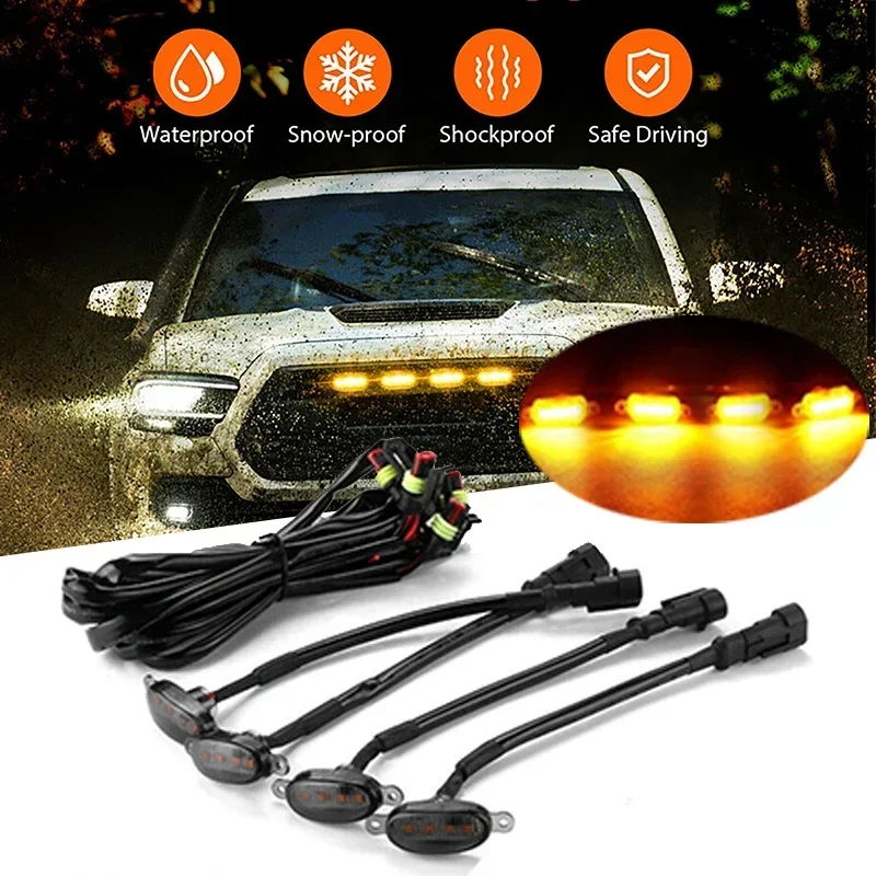 4Pcs/set Universal Car LED Grille Light Yellow Amber Lights Wire Harness Daytime Running Grill Light Fog Lamp