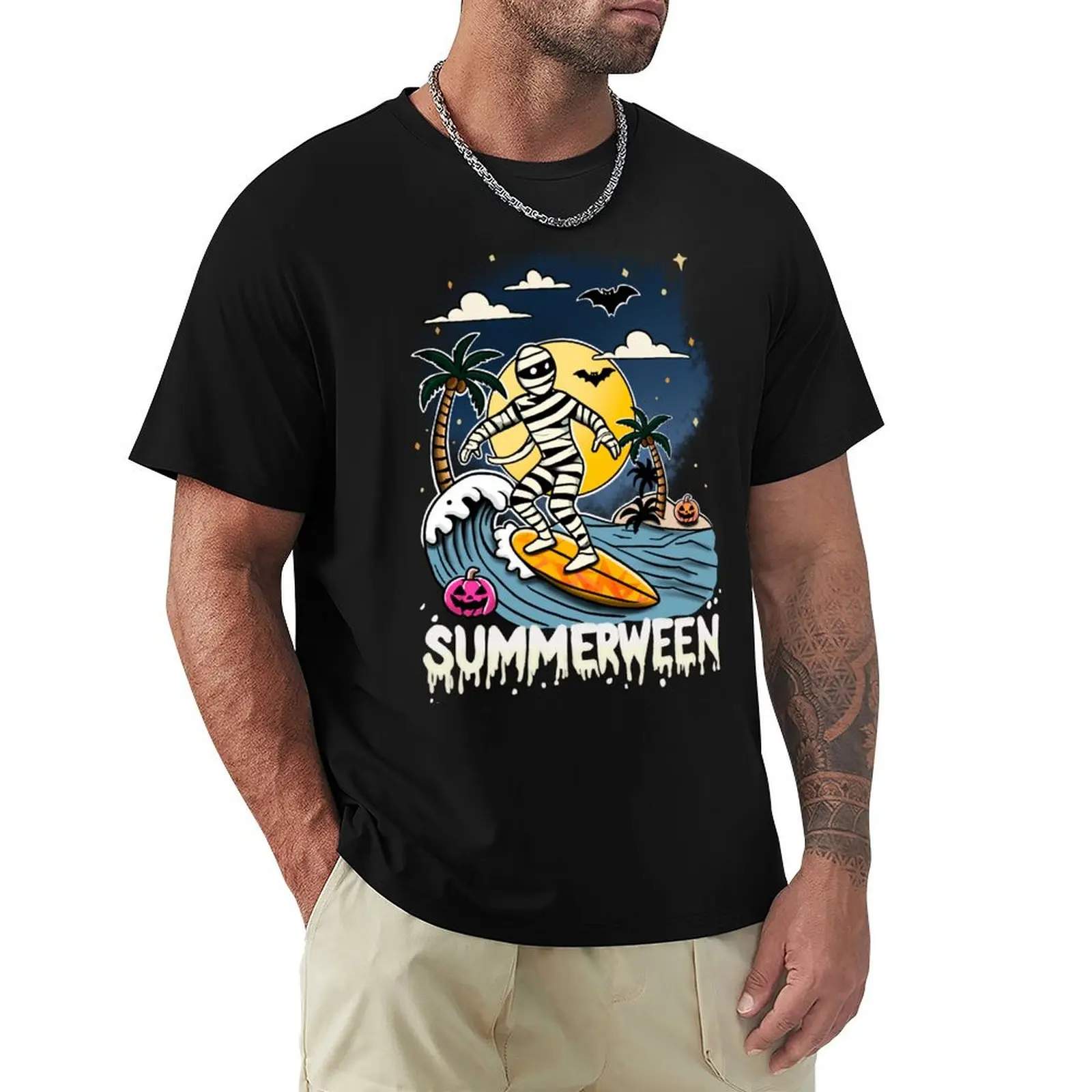 Summerween Surfing Mummy - Night time T-Shirt man t shirts cotton T-Shirt