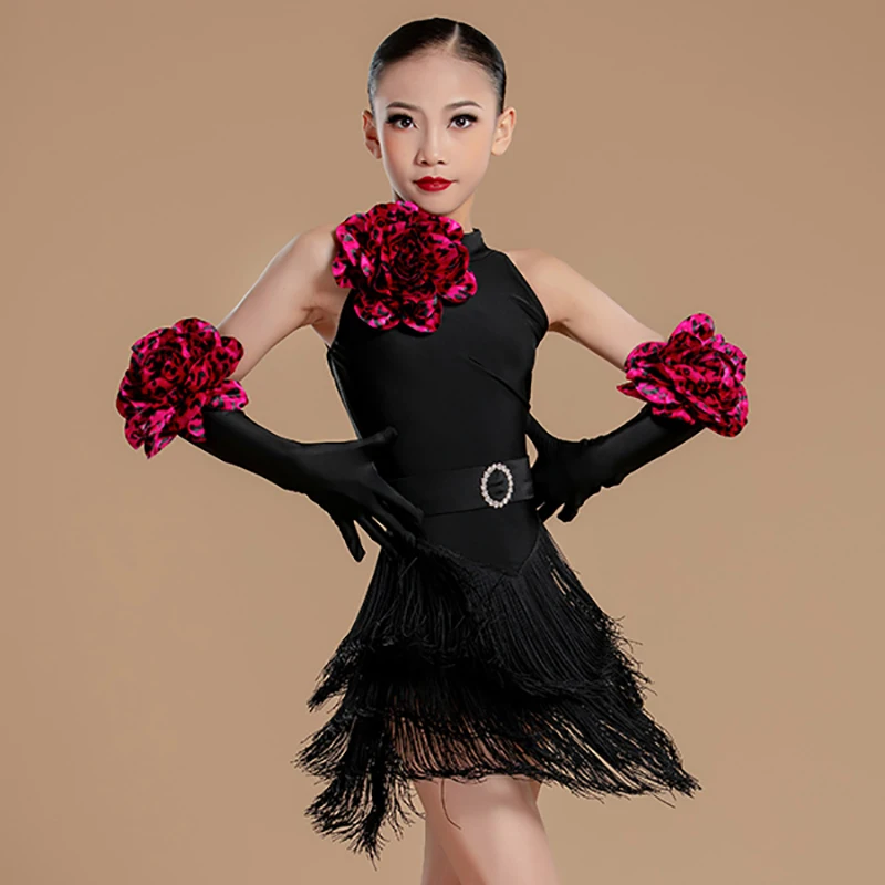 

Black Kids Girls Latin Dance Competition Sleeveless Tassels Performance Dress Bodysuit and Skirts Professional Christmas Costume
