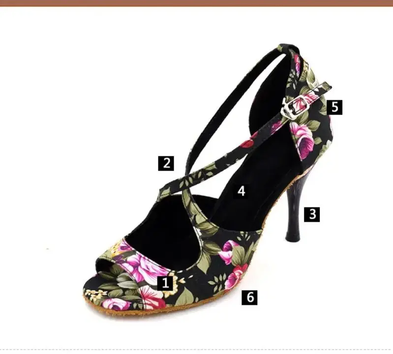 Customized Zapatos De Baile Latino Shoes Flower Pattern Satin Material 8.5cm Heel Ballroom Latin Shoes For Ladies Evkoo-007