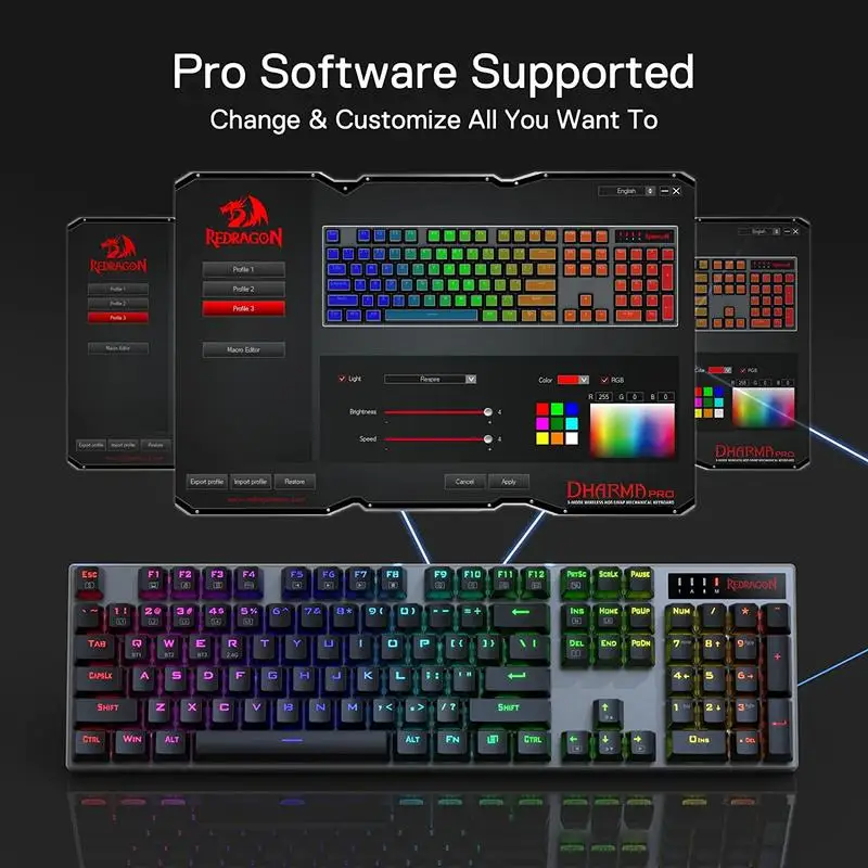 Redragon K556 PRO Upgraded Wireless RGB Gaming BT/2.4Ghz Tri-Mode Mechanical Hot-Swap Linear Quiet Red Switch Keyboard