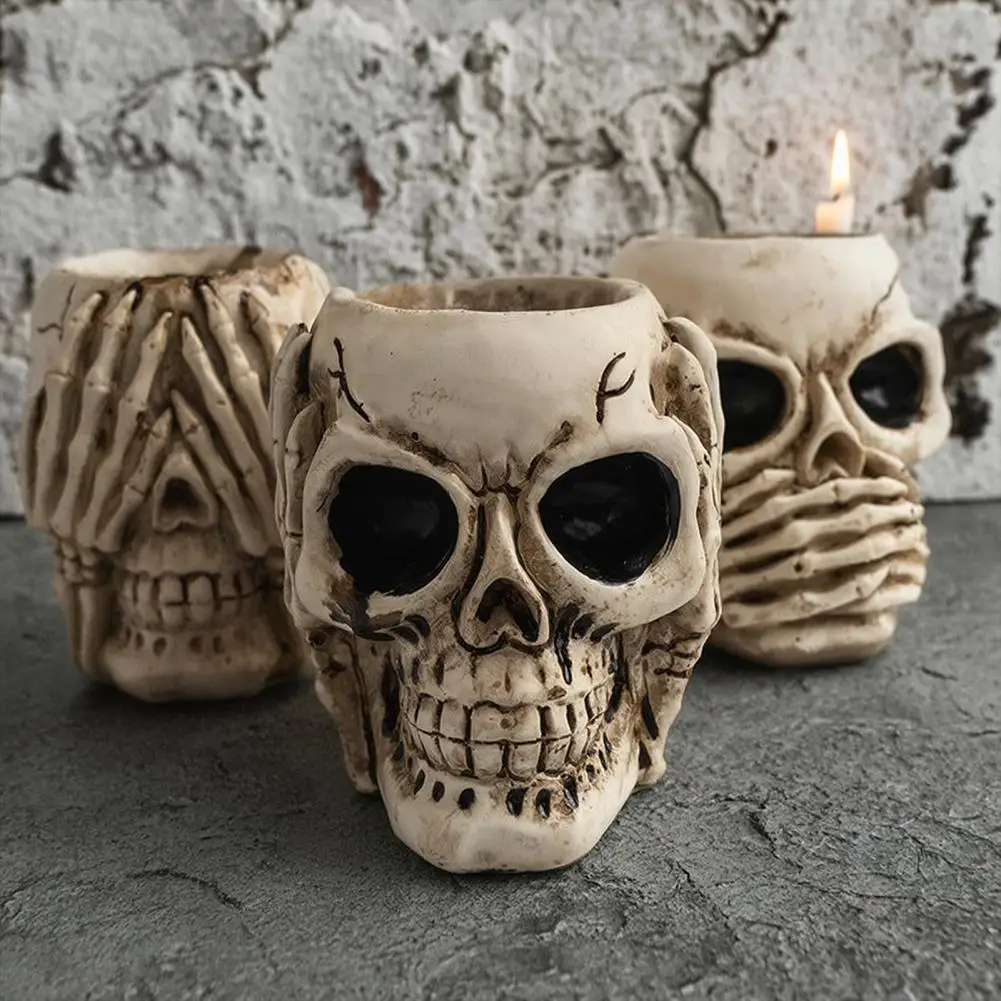 Halloween Skull Decoration Halloween Atmosphere Decor See Hear Speak No Evil Skull Figurine Spooky Halloween Skeleton for Mantel