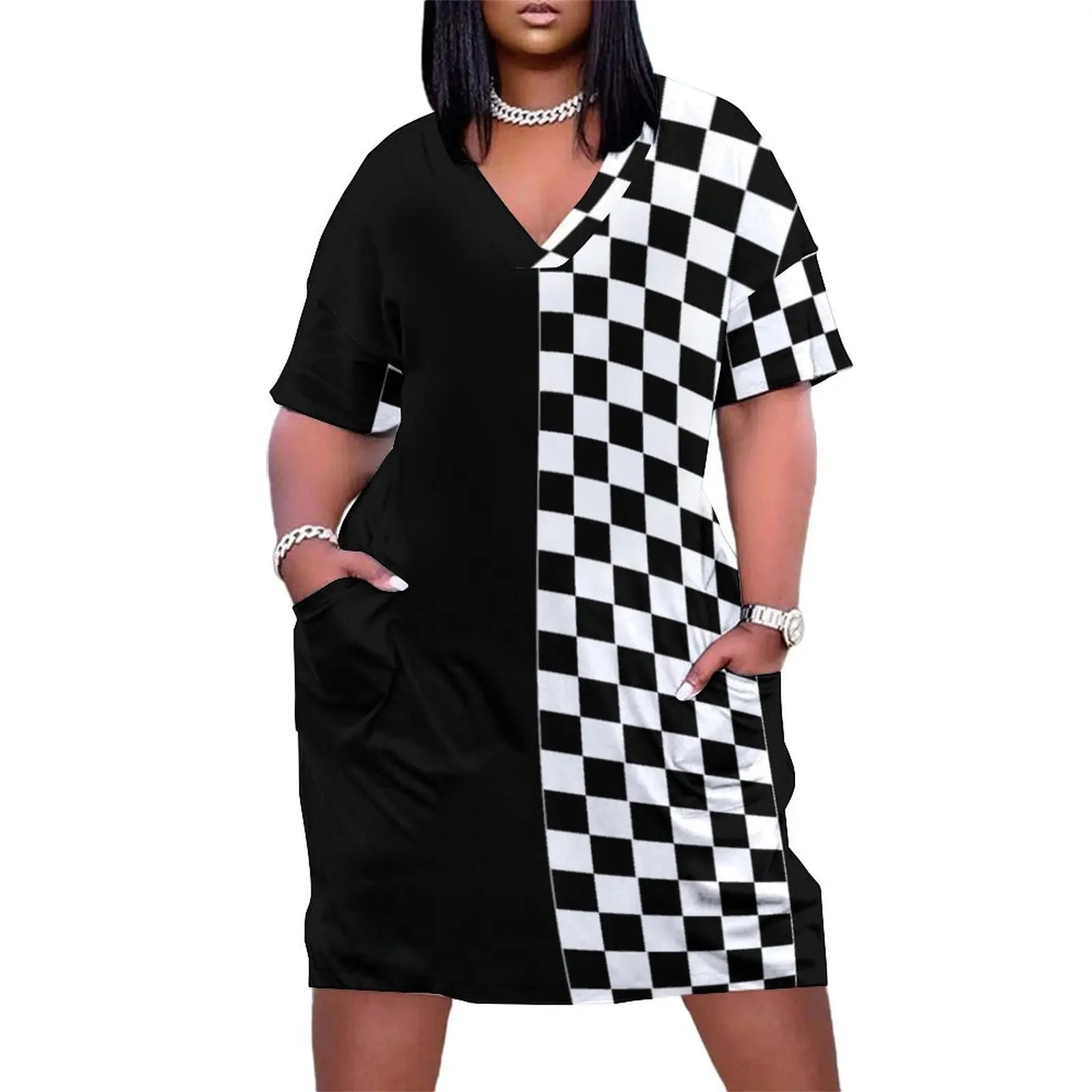 

Black and white two tone Loose Pocket Dress Women's clothing elegant party dress for women 2025 women's evening dress 2025