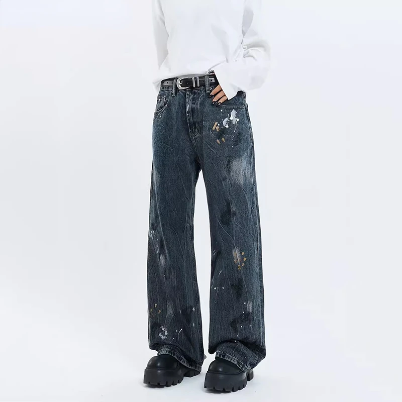 Graffiti Women Baggy Jeans Y2k Retro Splash Ink Straight Wide Leg Pants High Rise Trousers Korean Streetwear Wide Leg Pants