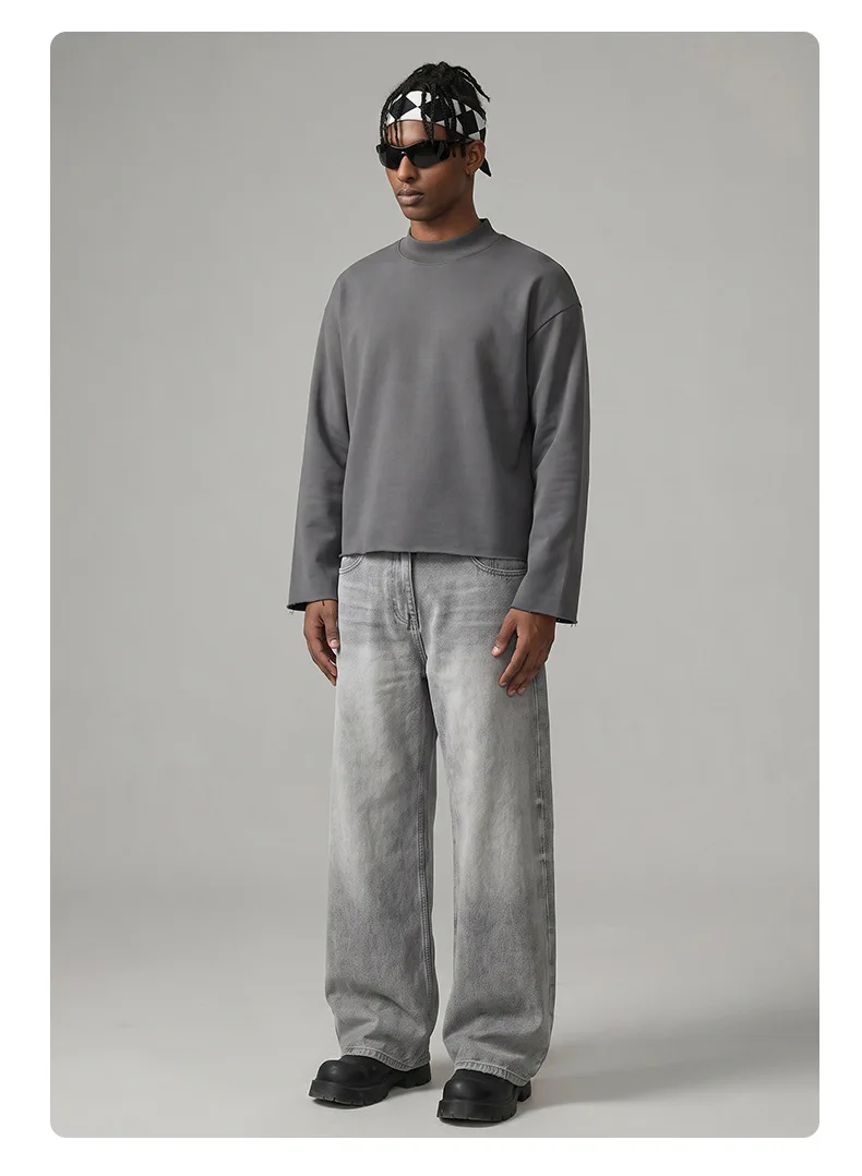 Personalized LOGO custom 350G cotton men's BOXY short and wide half-high neck long-sleeved hem burr sweater