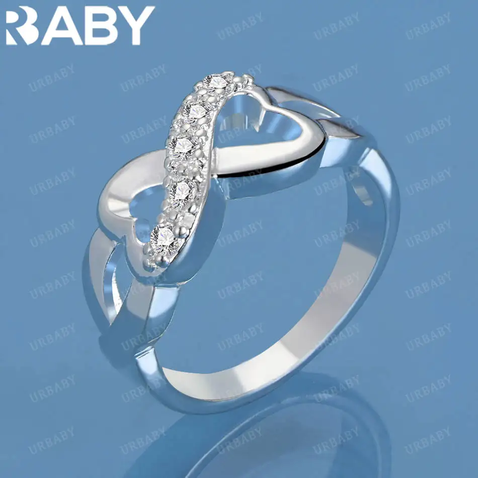 

URBABY 925 Sterling Silver Size 7-10 Zircons Hearts Ring For Women Fashion Jewelry Vintage Grace Charm Noble Party Birthday Gift