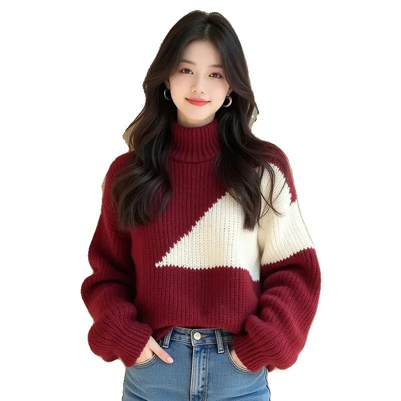 Wine Red Contrasting Irregular Thick Thread Sweater For Women 2025 New Autumn And Winter European Heavy Industry Unique Chic Top