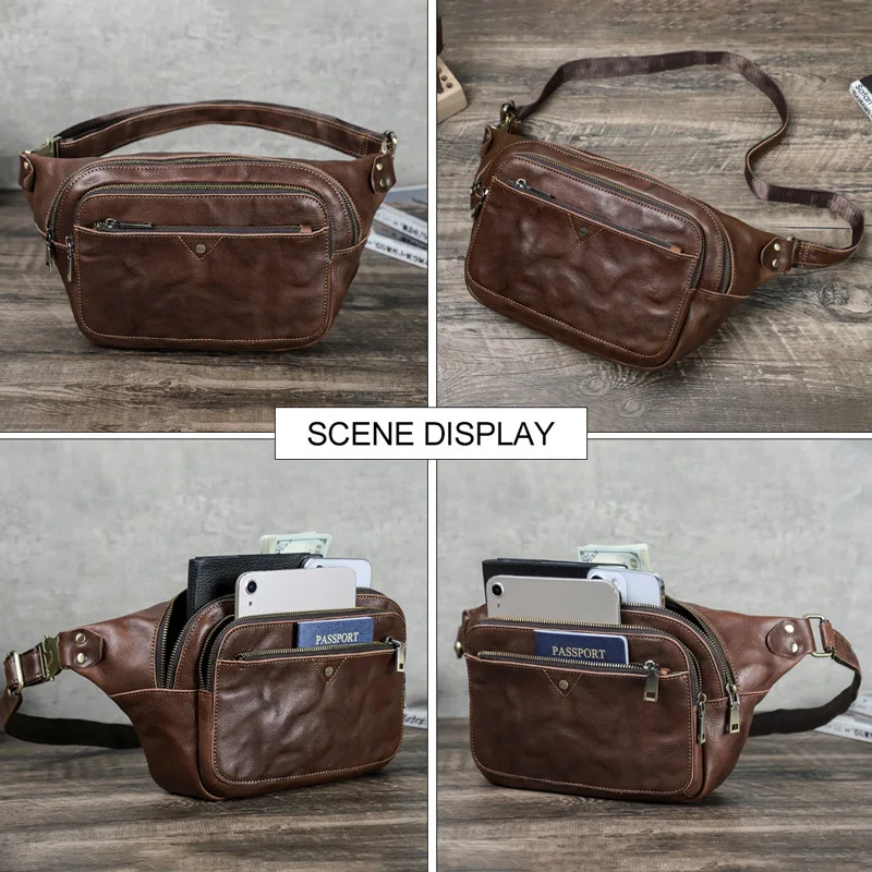 Fashionable British Style Top Layer Cowhide Hand Grab Pattern Crazy Horse Cowhide Chest Bags Casual Sports Trend Men's Waistpack