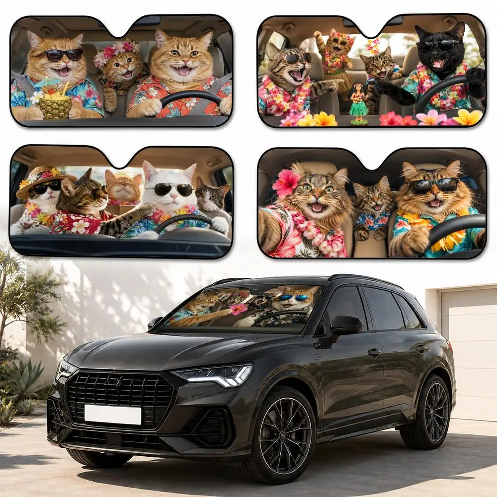 

Cat driving cute Sun Visor Heat-insulating Aluminum FilmReusable Suction Cup Blocks UV Rays Car Sun Visor