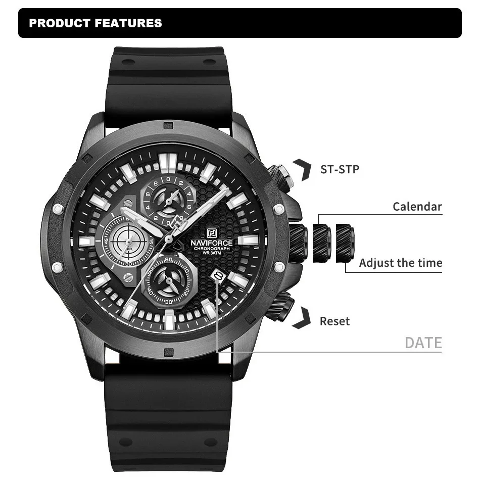 NAVIFORCE Sport Watches For Men Military Waterproof Quartz Chronograph High Quality Male Rubber Strap Wristwatch Reloj Hombre