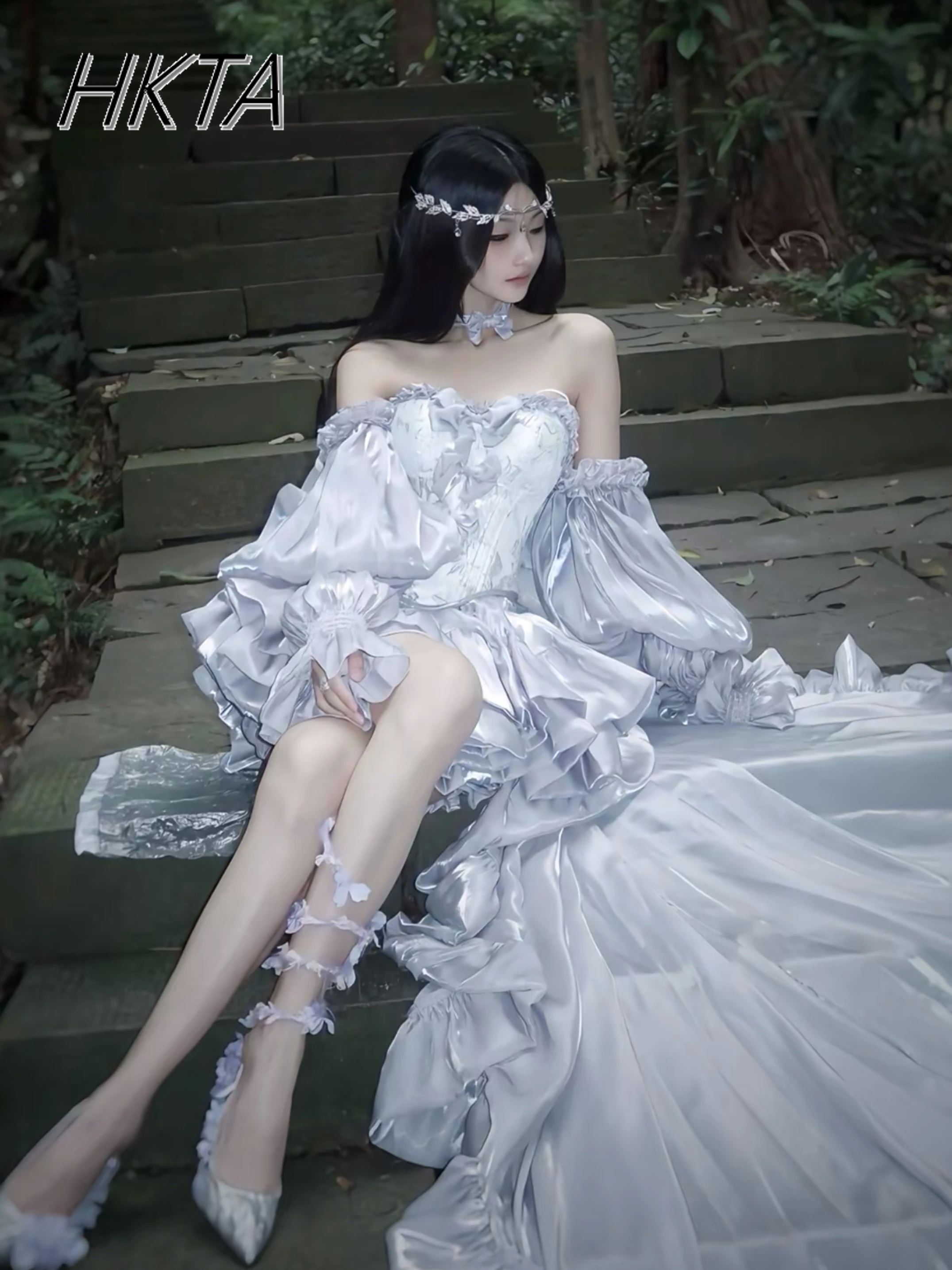 Elegante Prinses Zilveren Lolita Jurk Set Vrouwen Boog Geborduurde Slanke Tube Top Vest Geplooide Trailing Pluizige Mini Rok Outfit