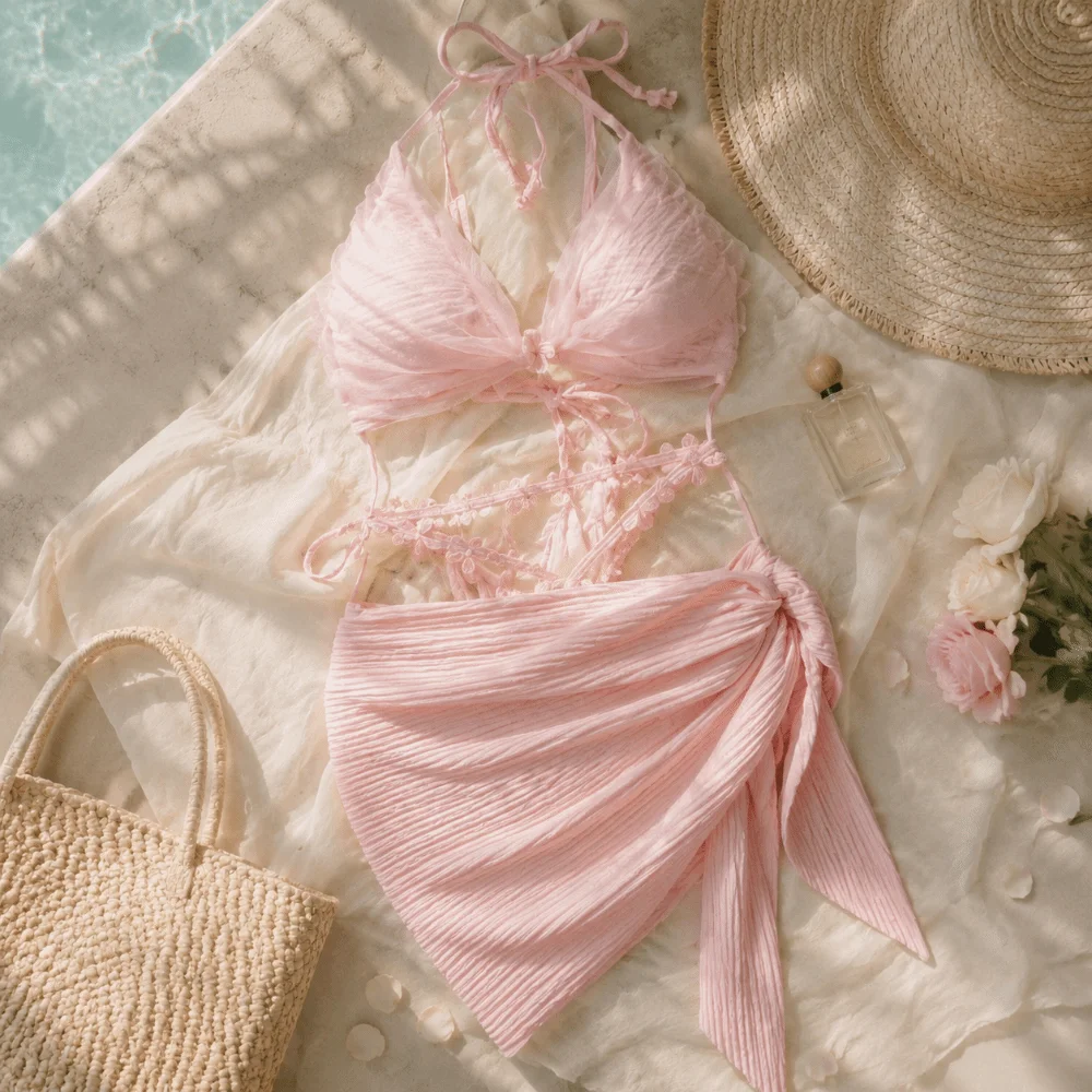 Neues ärmelloses Bikini-Set mit Schnürung, tiefem V-Ausschnitt, 3-teiliger Badeanzug, Strandkleidung, Netz-Badeanzug, Hot Spring – Detail 5