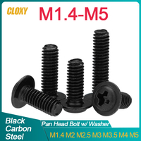 10/ 20/ 50/ 100pcs PWM M1.4 M2 M2.5 M3 M3.5 M4 M5 Black Carbon Steel Cross Phillips Pan Round Head With Washer Collar Screw Bolt