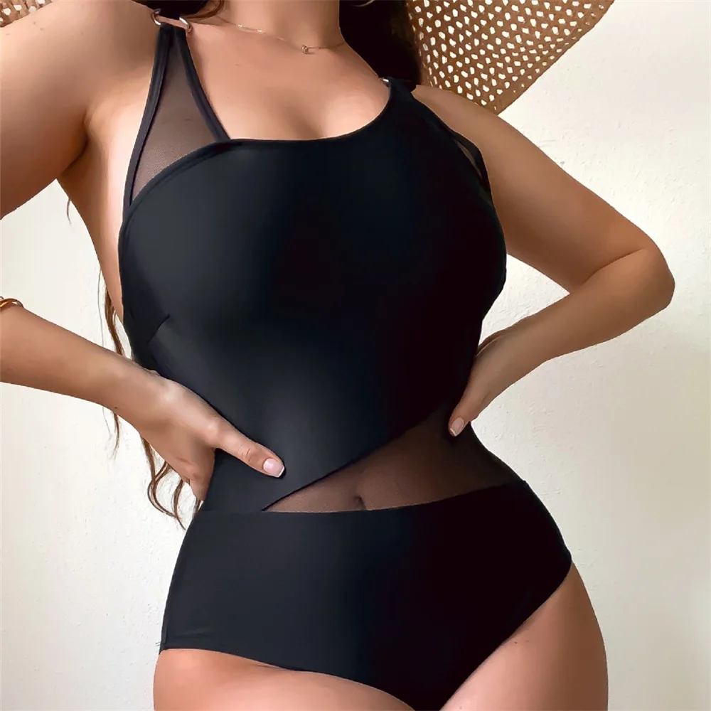 

Нерегулярное сетчатое лоскутное бикини, черное монокини Y2K с кольцами, сексуальный купальник, цельный купальный костюм, бразильский женский пляжный наряд, бикини