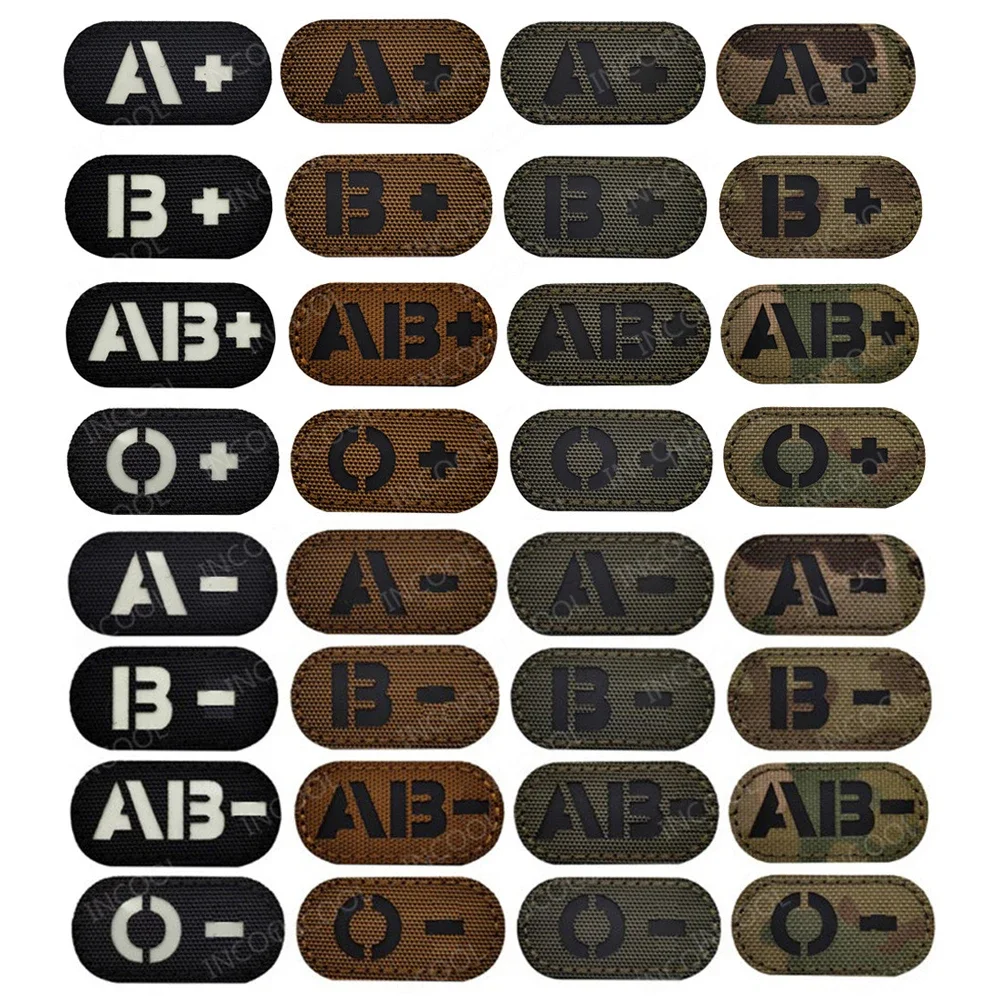 Blood Type A B AB O Positive POS Negative NEG IR Reflective Patches White Glow In Dark Appliques Hook Loop Decorative Badges