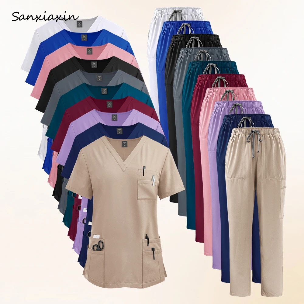 

Solid Color Scrubs Suits Frosted Short Sleeves Health Service Nursing Work Uniforms Pharmacies Doctor Costume Women Nurse Staff