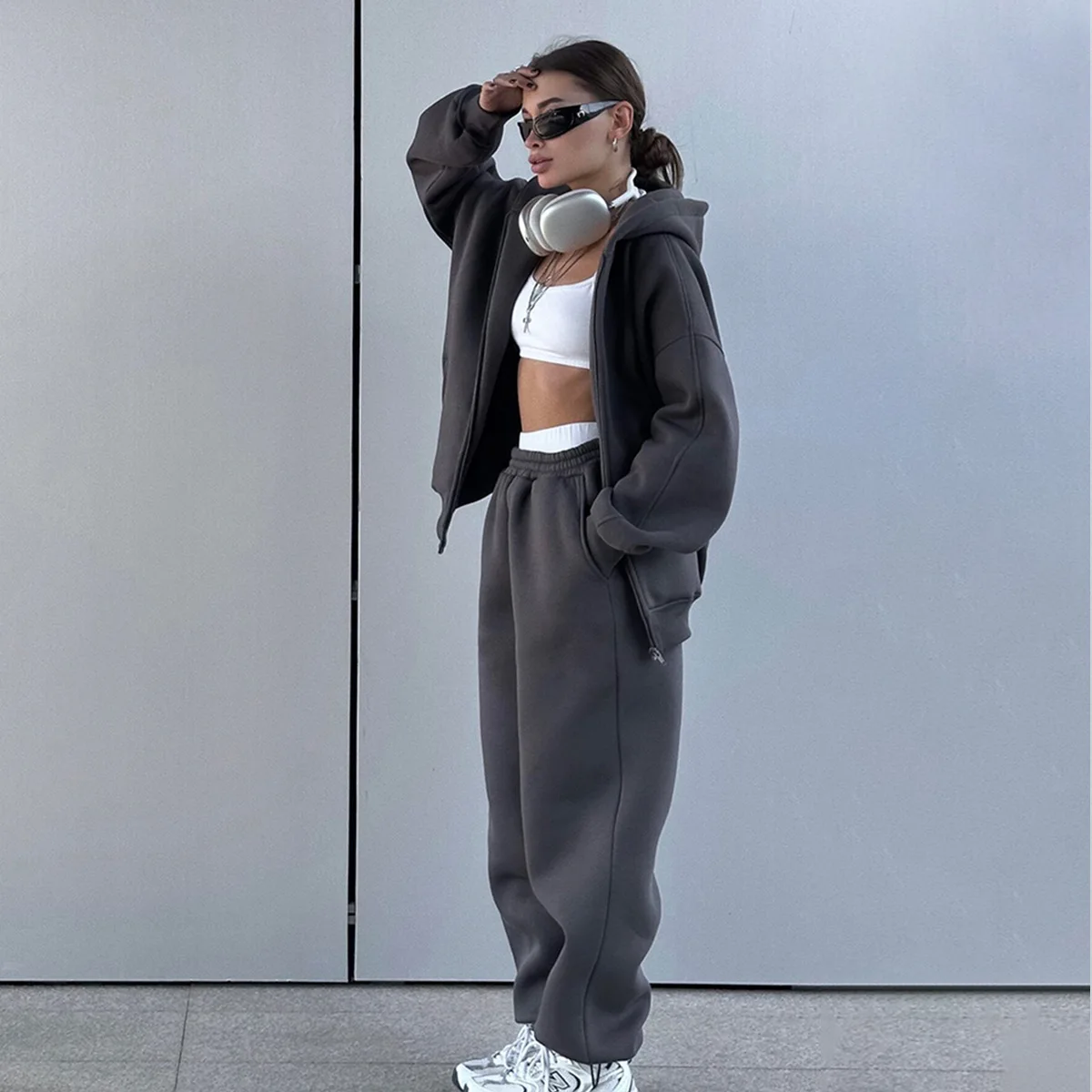 Autumn and Winter Women\'s Hoodie Pants Suit Fashion Street Style Fleece Cardigan Hooded Sweatshirt Warm Loose Sports Pants Set