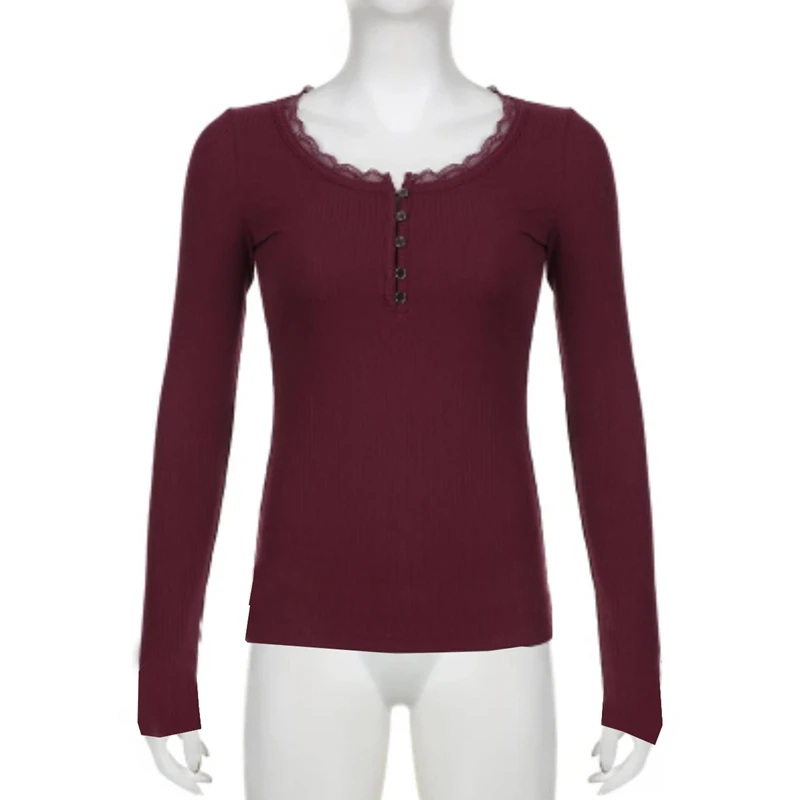 Cottage renda guarnição botão acima camiseta feminina manga longa pullovers camisetas outono casual lounge colheita topos preppy y2k roupas estéticas