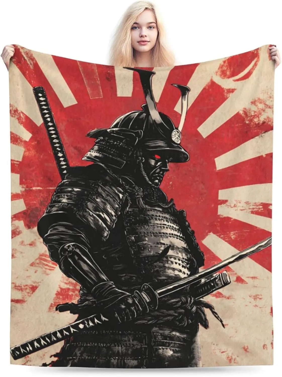 Grunge Black Armored Samurai Sun Ray All Over Print Cozy Flannel Blanket Portable Living Room Bold Warm Daily Household Use