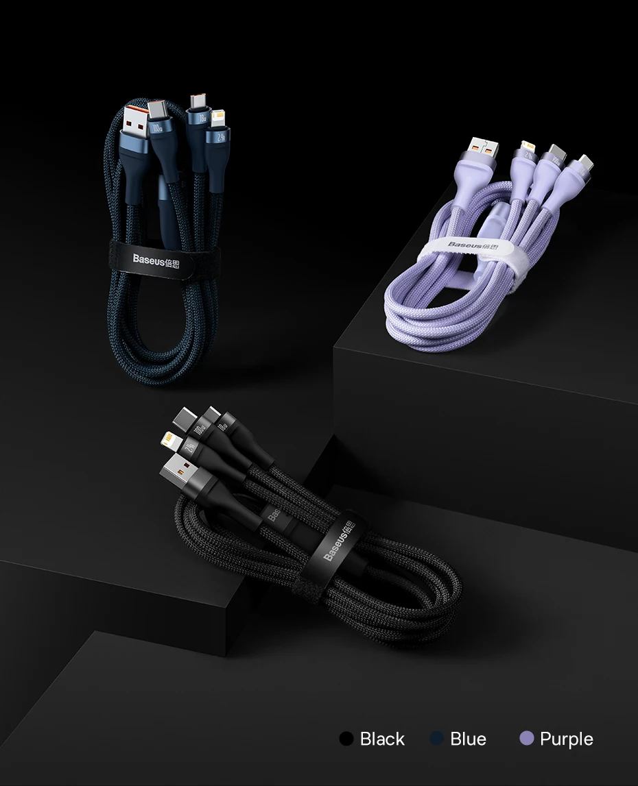 Cable USB Tipo C 3 en 1 Baseus, Cable de Carga Rápida de 100W para Honor 50 Pro, Cargador para Teléfono Xiaomi Samsung, 