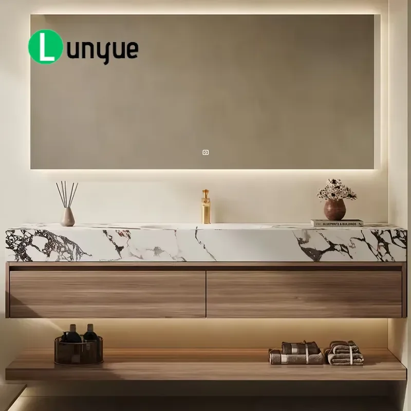 Custom Luxury Integrated Floating Bathroom Cabinet with Water Basin 80cm 100cm 120cm 160cm 180cm Wall Mounted Vanity Unit for