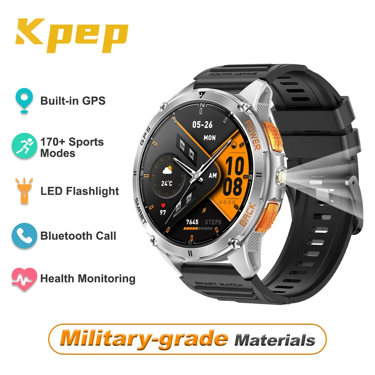 

KPEP K67A Смарт-часы Встроенный GPS и компас Светодиодный фонарик IP68 Водонепроницаемый 170 спортивных режимов Bluetooth-вызов Смарт-часы для мужчин