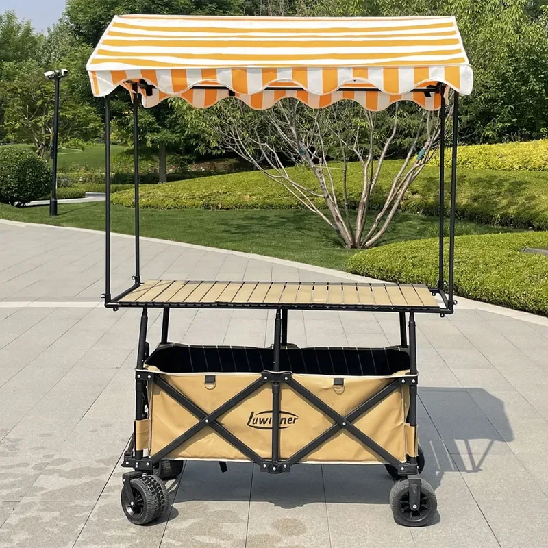 Double Bottom Stall Trolley with Lifting Mechanism 120cm Large Foldable Table Board Mobile Trailer for Night Market Vendors
