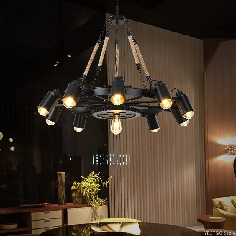 

American industrial style hemp rope lamp, creative and personalized bar spotlight, antique iron restaurant pendant light