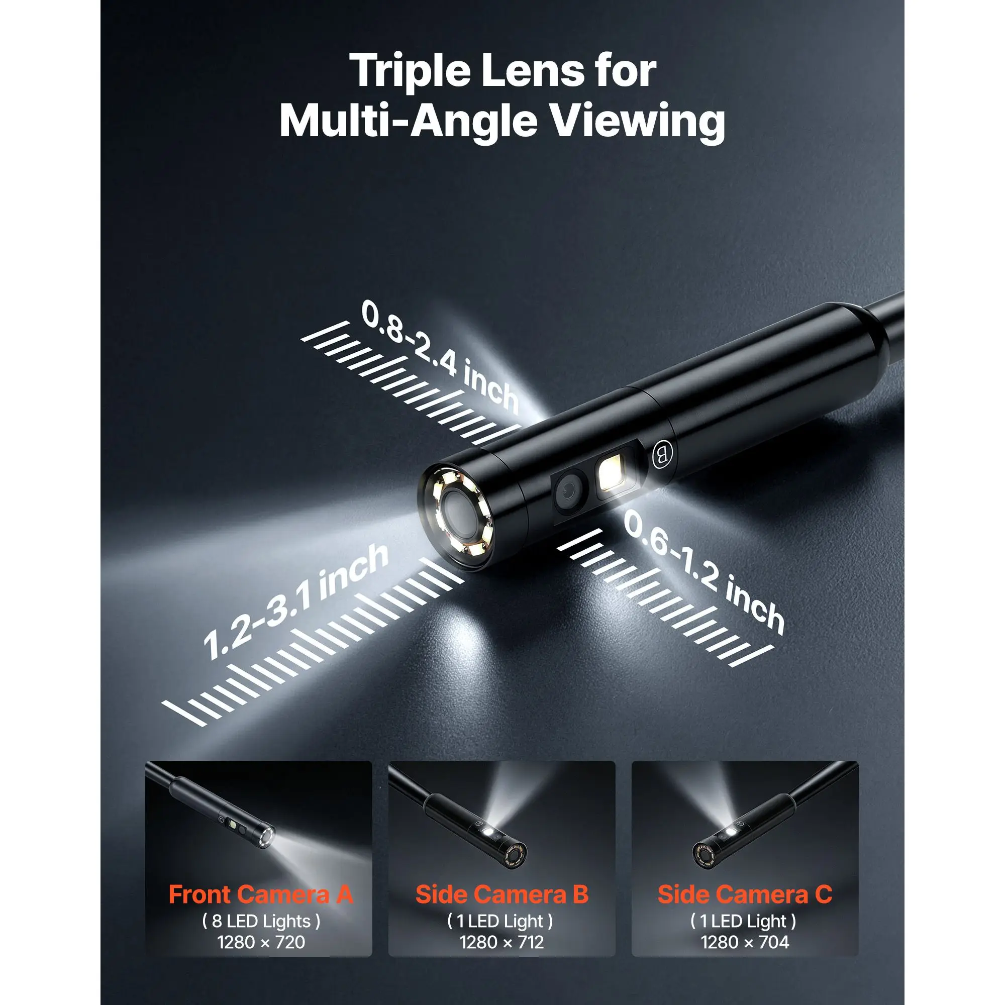 Triple Lens Endoscope with 32.8FT Newly Ultra-Rigid Cable, Industrial Borescope with Light, 5