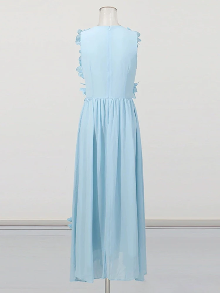 Abito senza maniche in vita floreale tridimensionale di alta qualità da donna estivo nuovo girocollo temperamento grande altalena a vita alta dres