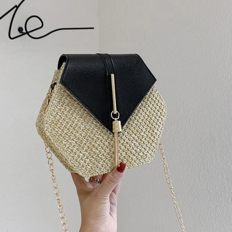 Summer Straw Bag Women Hexagon Chain Crossbody Bag Handmade Weaven Shoulder Bag Fashion Tassel Messenger Bag Bohemia Beach Bag