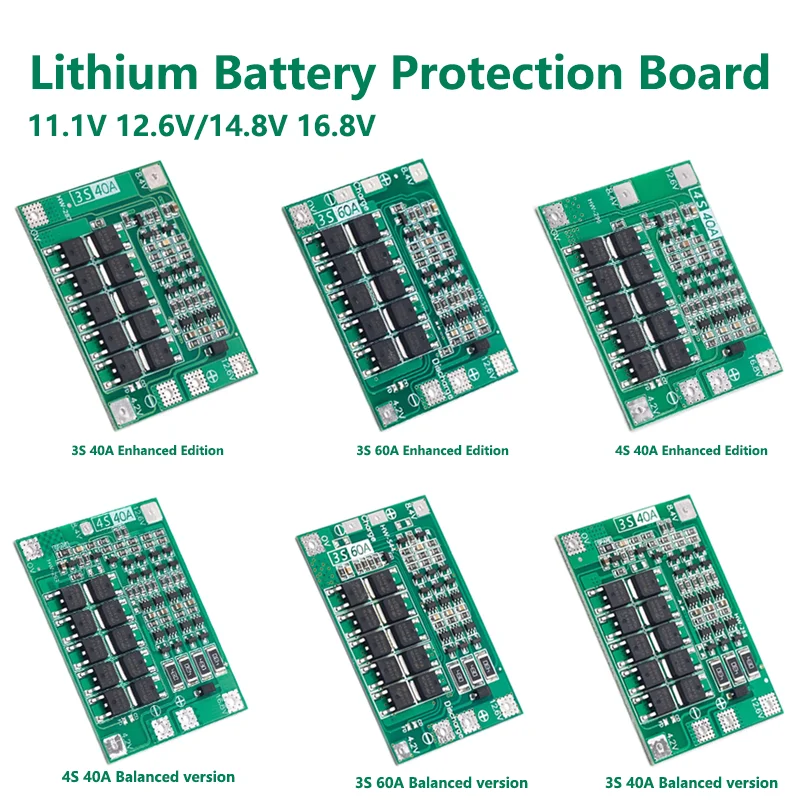 

3S 4S 40A 60A Li-ion Lithium Battery Charger Protection Board 18650 BMS For Drill Motor 11.1V 12.6V/14.8V 16.8V With Balance