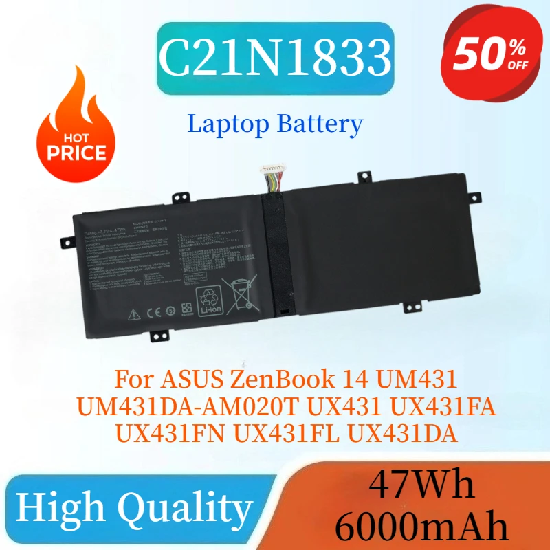 

New C21N1833 6000mAh 47Wh Laptop Battery For ASUS ZenBook 14 UM431 UM431DA-AM020T UX431 UX431FA UX431FN UX431FL UX431FN-AN002T