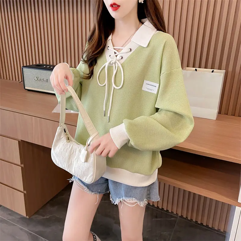 Fashion V-Neck Spliced Lace Up Bow Casual Sweatshirts Female Clothing 2024 Autumn New Loose All-match Tops Korean Sweatshirts