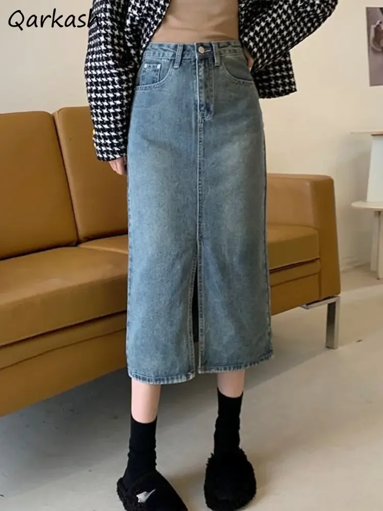 

Slit Denim Midi Skirts for Women Vintage High Waist Ulzzang Fashion Sexy Streetwear Female Skirt All-match Slim Hotsweet Faldas