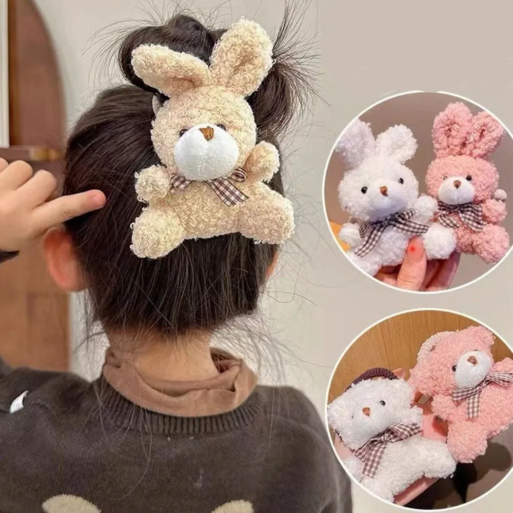 Cartoon Animal Cute Doll Bear Hair Rope Cotton Punching High Elasticity Plush Rubber Band Korean Style Accessories Bow