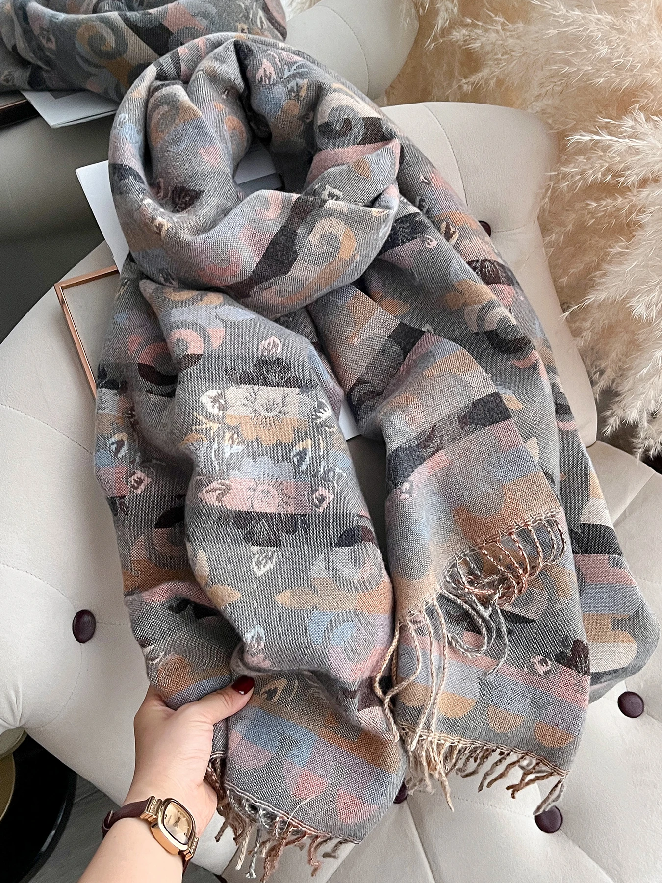 Vintage Floral Tassel Shawl for Women, Retro Ethnic Pattern Scarf, Soft Imitation Cashmere Wrap with Fringes