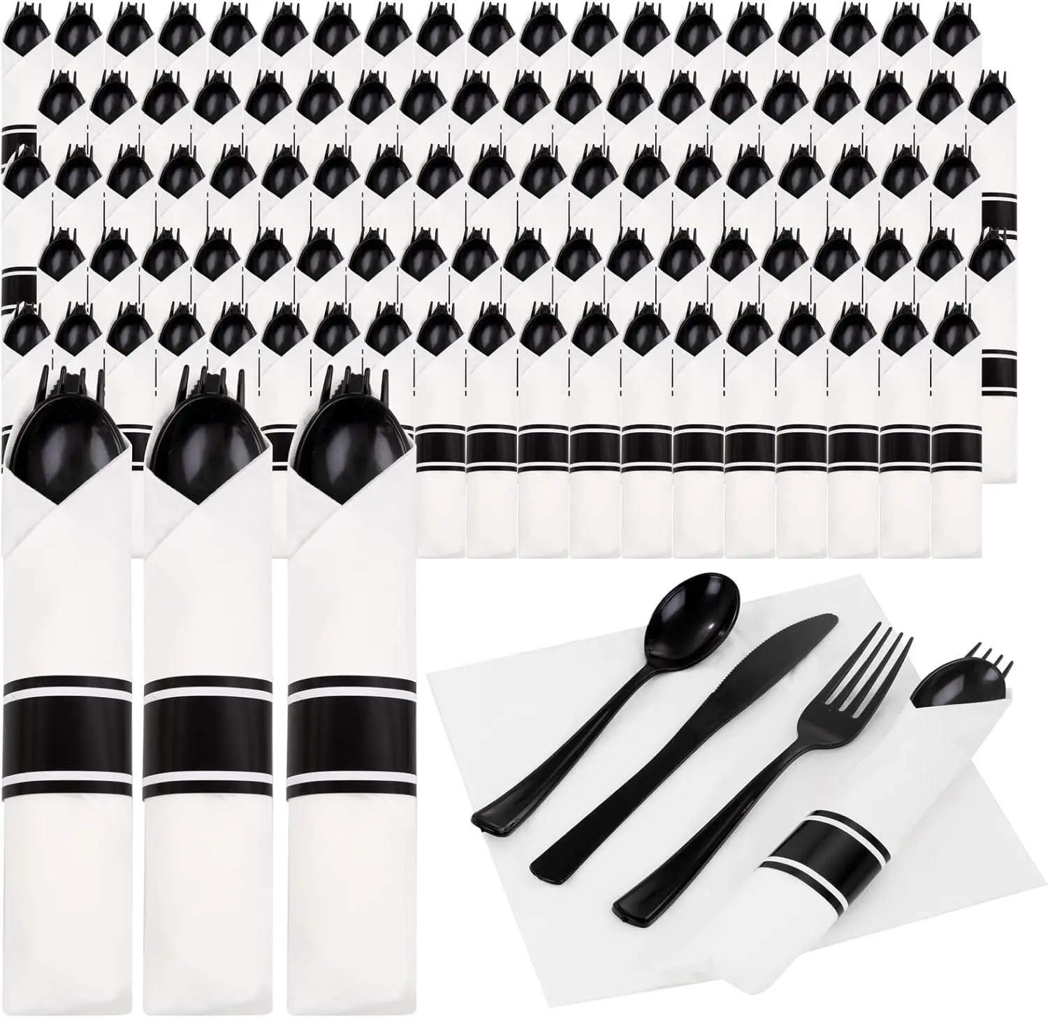 

Supernal 120 Pack Black Plastic Silverware,Rolled Silverware Disposable,Pre Wrapped Cutlery Set with Napkin,Plastic Utensils