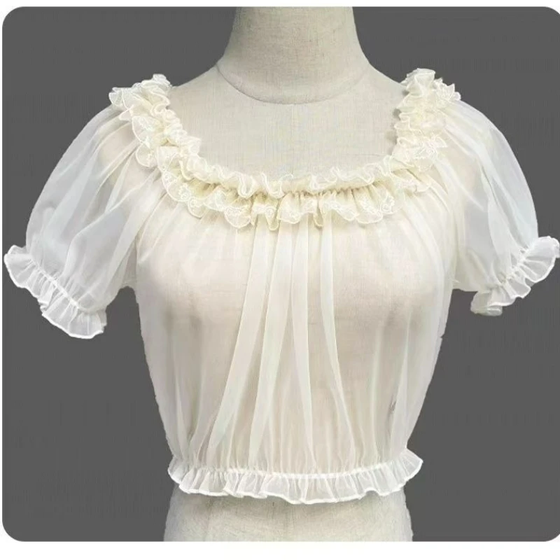 بلوزات نسائية يابانية على الطراز الفيكتوري مكشكشة من الدانتيل كاواي لوليتا نمط رقبة دائرية نحيفة داخل القمم صيفية لطيفة شفافة من خلال القمصان