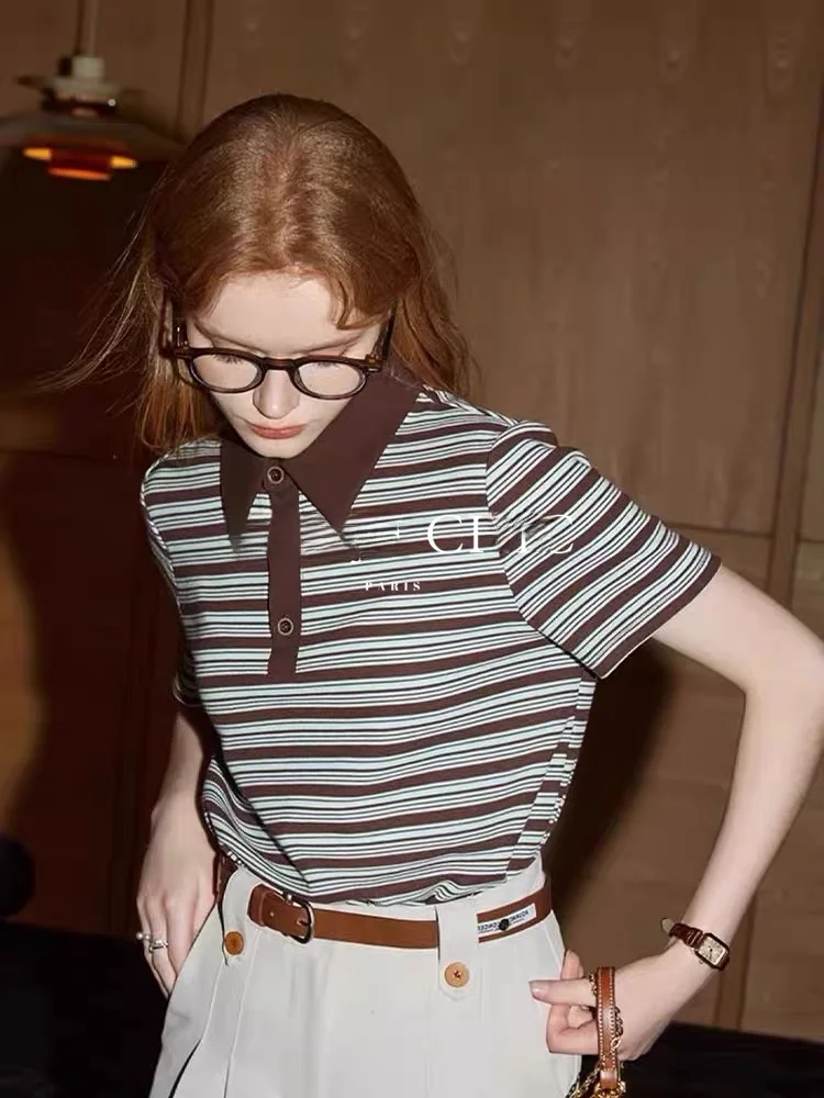 تي شيرت نسائي مخطط من Faionable Summer ort Sve Ne قاعدة irt Chic Retro Color Blo Rouje Sle Commute Simple...