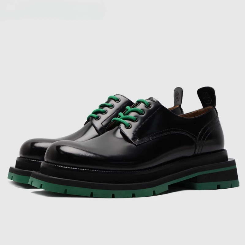 

Double Layered Deconstruction Large Sole Men's Dress Shoes Autumn New Genuine Leather Black Green Square Sole Casual Derby Shoes