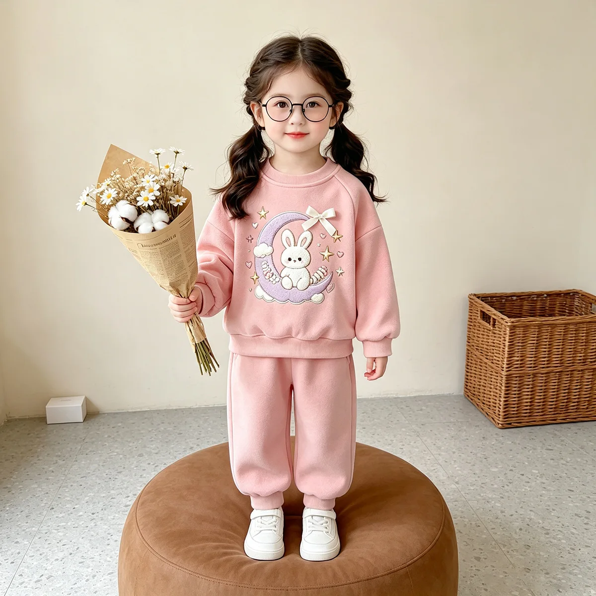 Mädchen Frühling Herbst Cartoon Sweatshirt-Set – Oberteil mit Hasen-Print & Hose mit Schleife, 2-teiliges Freizeitoutfit für Kinder – Detail 6