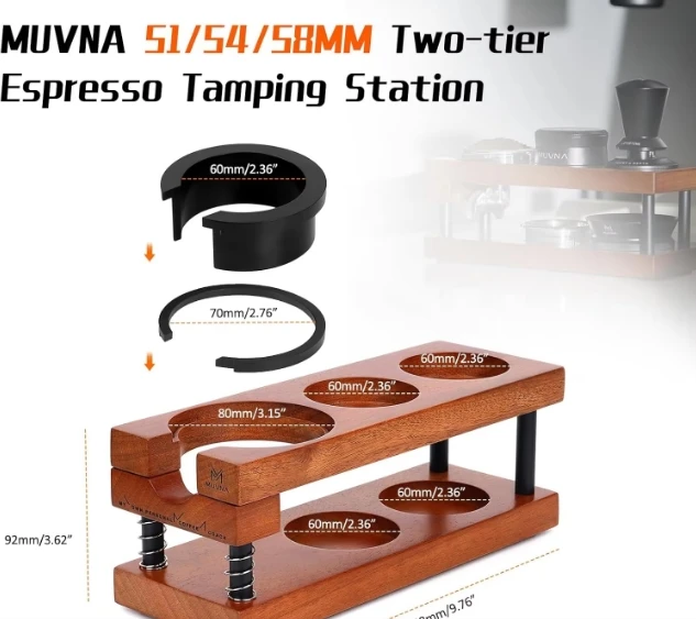 MUVNA Espresso Tamping Station, Two-tier Organizer Station, Basket Filters & Funnel Stand, Fits 51/54/58MM Tamper, Distributor