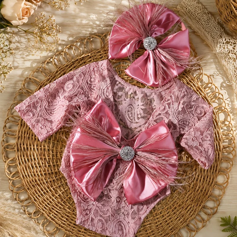 Baby Girl Newborn Photography Outfit Pink Lace Romper With Large Bow Headband Infant Photoshoot Dress with Diamond Photo Props