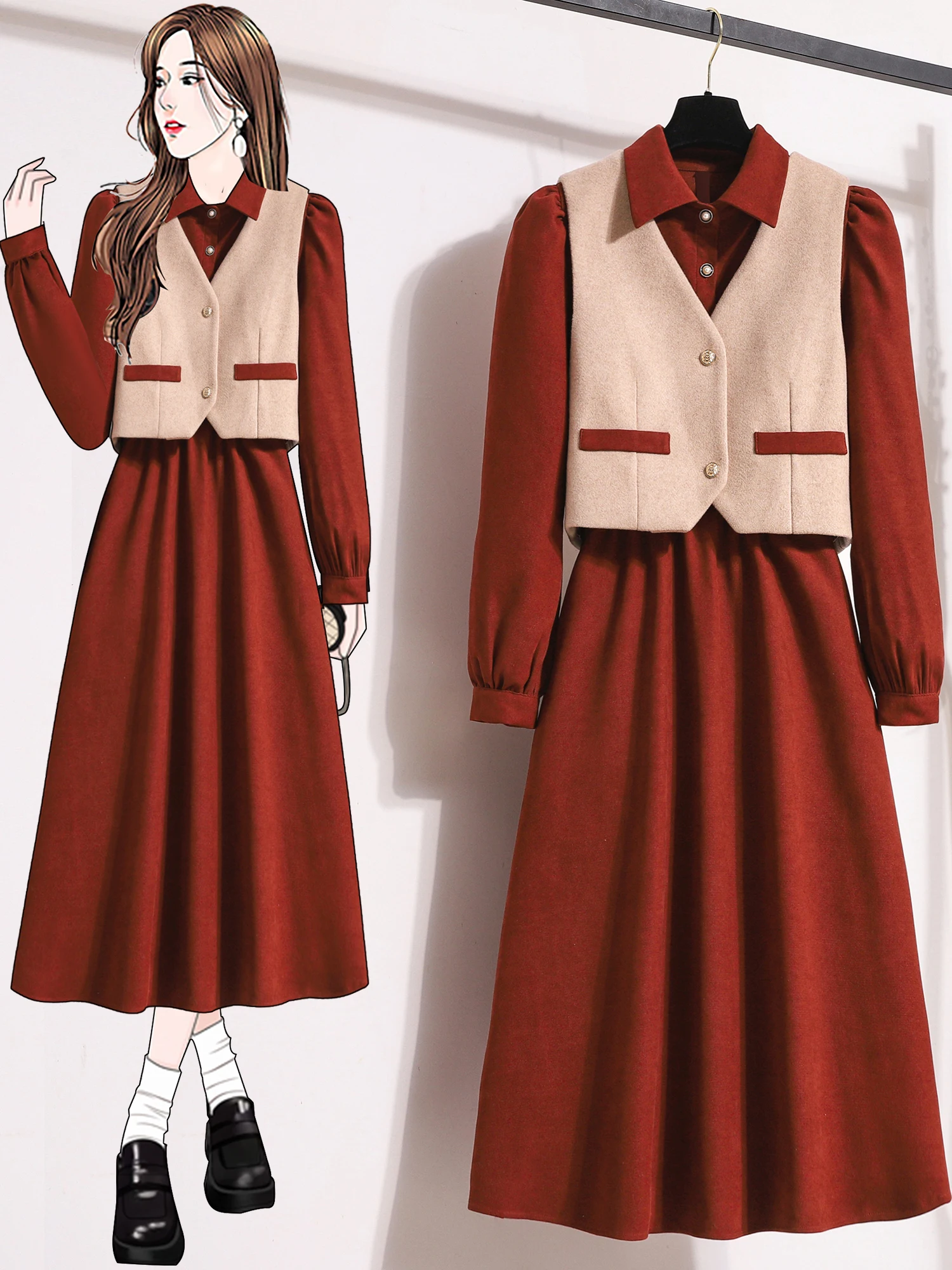 

Spring Autumn Winter plus Size Women's Fashionable Woolen Vest Dress Set Commute Korean Style Low Waist Long Sleeve Midi Dress
