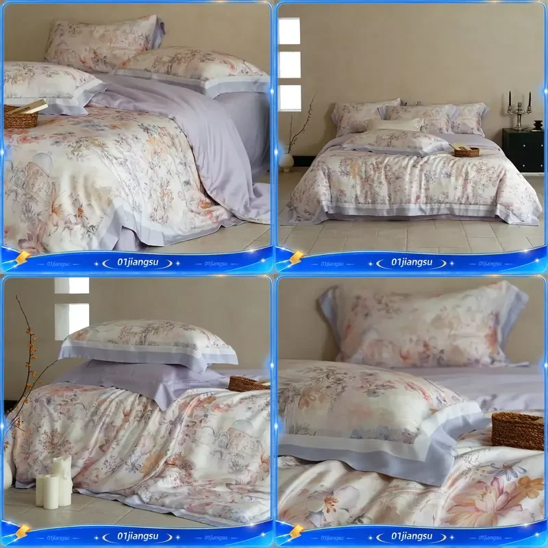 100% Mulberry Silk Bedding Set 22 Momme Luxury Floral Duvet Cover Fitted Sheet Pillowcases Elegant Soft Breathable Home